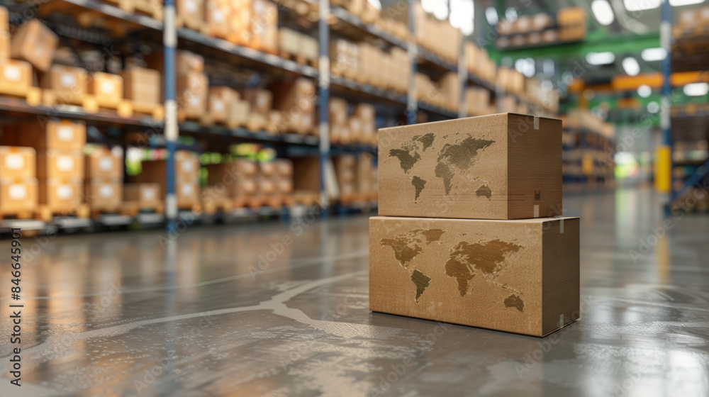 Poster two cardboard boxes with a world map on them are sitting on a warehouse floor. the boxes are stacked