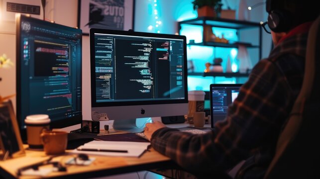 A focused software developer codes on a dual monitor setup in a modern office environment with a minimalist aesthetic. AIG41