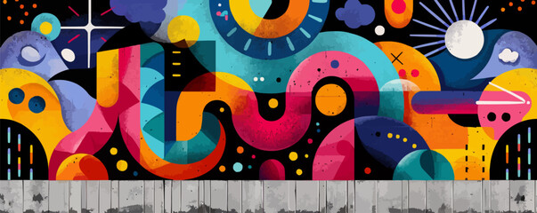 Urban street art mural with vibrant colors and abstract designs Vector flat minimalistic isolated illustration