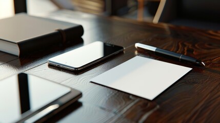 Professional Networking Blank Business Cards on Luxurious Mahogany Desk with Smartphone and HighEnd Pen Corporate Elegance and Sophistication Stock Image