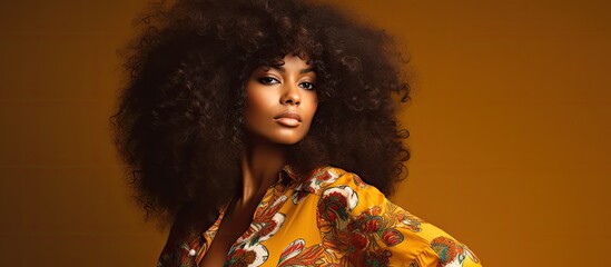 A stylish portrait of a beautiful young black African woman with long curly hair in vintage 70s attire, alongside a blank background for text or other visuals - a copy space image.