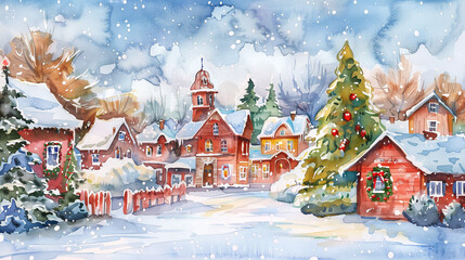 Fototapeta premium Watercolor painting of a snowy village scene with houses, church, decorated Christmas tree, snowflakes - festive tranquility during the holiday season.