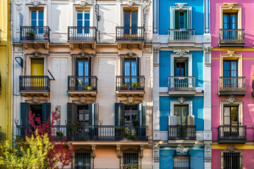 Fototapeta premium Colorful balconies create a vibrant mosaic on a street facade, blending into a lively urban landscape.