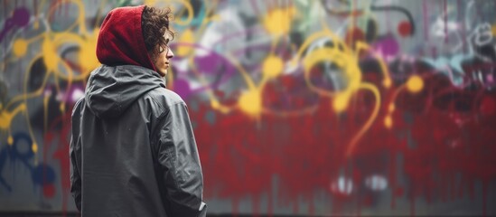 A young man in a gray hoodie creates colorful graffiti on a wall in the rain, with a copy space image.