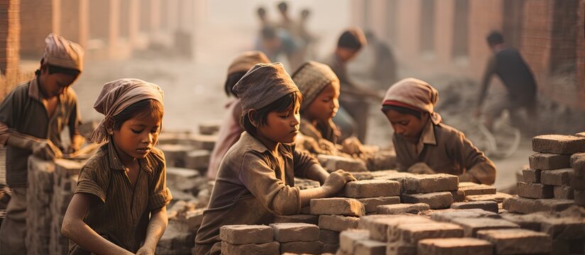 Kids laboring in a brick factory, highlighting World Day Against Child Labour with a copy space image.
