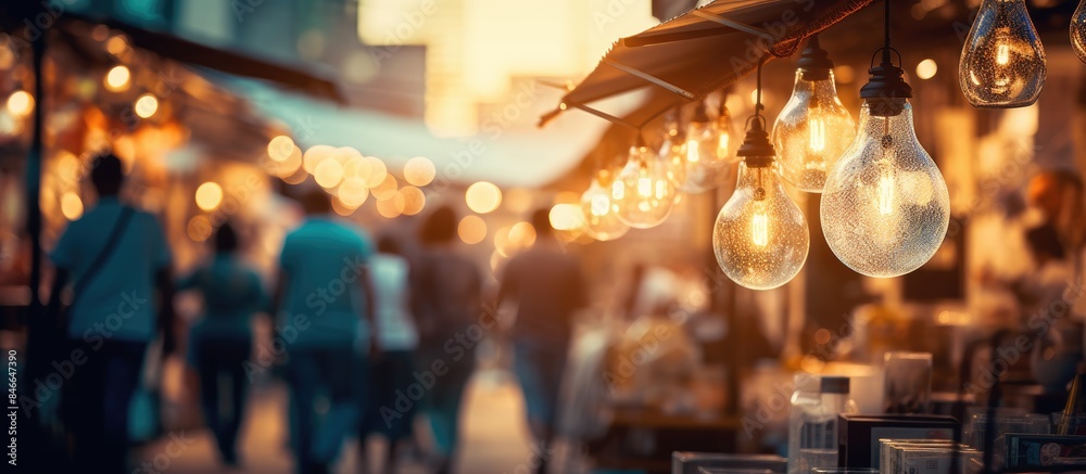 Poster Blurred light bulb in market shop setting with people on walking street. (Characters: 72). with copy space image. Place for adding text or design