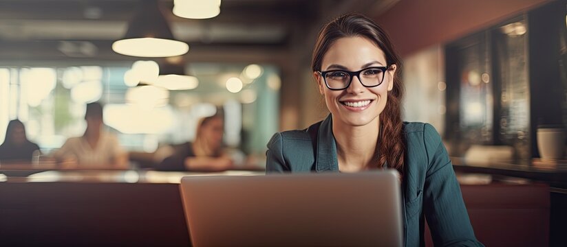 A joyful businesswoman, wearing glasses, types on a laptop inside an office, looking pleased with her accomplishments, with a backdrop of an office environment with a copy space image available.