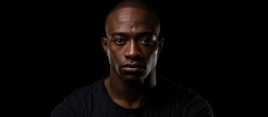 African-American man on black background for Black History Month, symbolizing human rights, freedom, history, and activism; banner or poster with copy space image to represent racial equality.