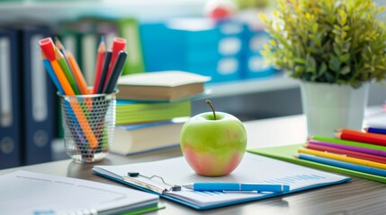 Empowering Education Teacher's Desk with Vibrant Lesson Plans Business Cards and Cheerful Apple School Supplies and Classroom Essentials Stock Photo