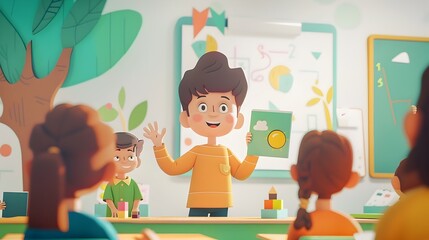 Proud Young Student Showcasing Their Colorful Classroom Art Creation