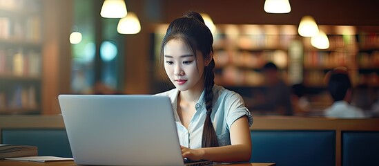 A young, attractive Asian woman studying with a laptop in a classroom, with copy space image available.