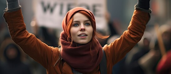 Protester displaying a sign that says "Women, Life, Freedom" with copy space image.