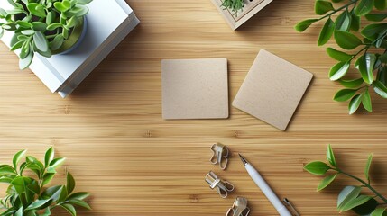 Green Business Essentials Recycled Paper Business Cards on Bamboo Desk with EcoFriendly Office Supplies