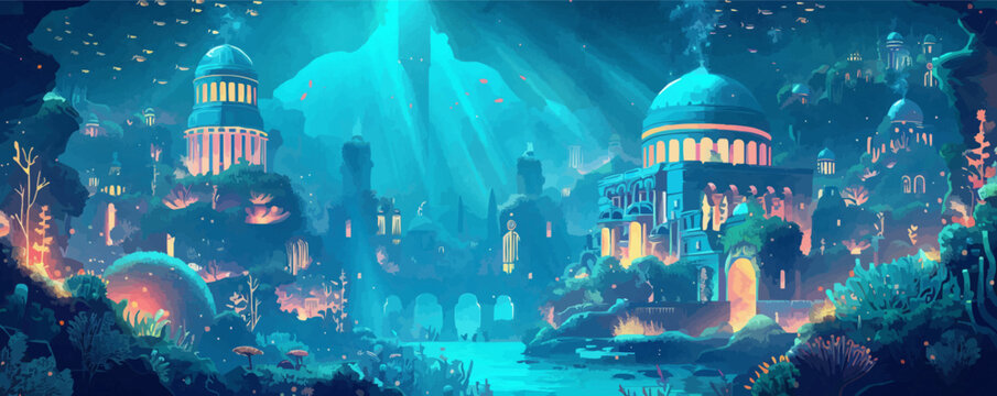 A mystical underwater city with domed buildings and underwater gardens. Vector flat minimalistic isolated
