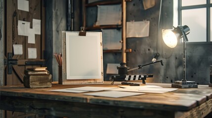 Creative Director's Workspace Blank Business Cards Storyboards and Clapperboard on Rustic Table Film Industry Concept