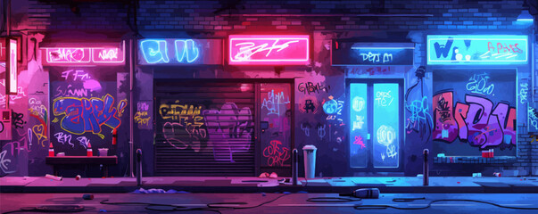 Cyberpunk street scene with neon lights and graffiti Vector flat minimalistic isolated illustration