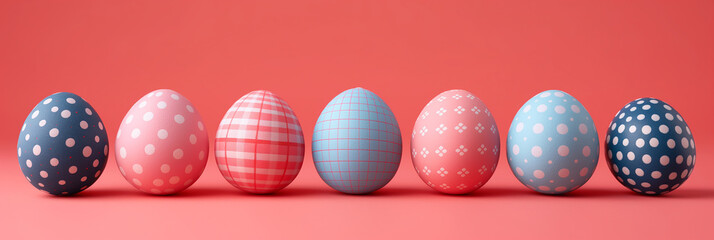 A row of seven Easter eggs in pastel colors against a pink background.