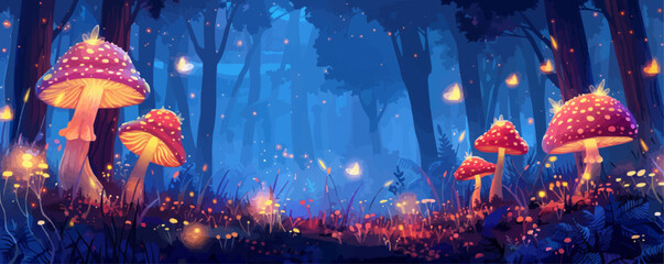 Fototapeta premium A magical forest with towering trees and glowing mushrooms. Vector flat minimalistic isolated illustration.
