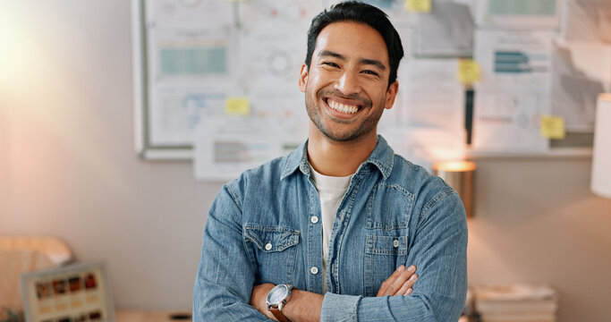 Business man, arms crossed and smiling face with creative worker and confident from admin consultant job. Happy, professional and portrait with entrepreneur employee for startup career at night