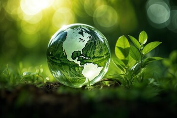Eco-Friendly Concept: Green Earth Globe in Forest Representing Environmental Conservation. Concept of nature, harmony, balance.