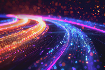 Obraz premium technology roads made out of fiber and network connections. colorful abstract background.