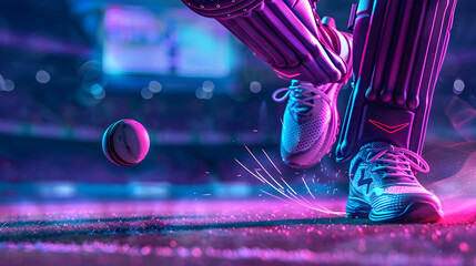 Dynamic cricket action as ball is hit in player's Leg, TV screen backdrop, purple-blue poster theme