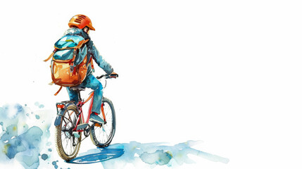 Obraz premium Child Bicycling to School on a Sunny Day Watercolor Illustration on White Background
