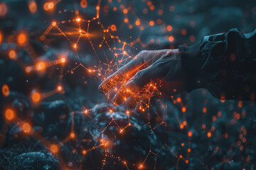 Scientist doctor hand touches virtual molecular structure in the lab.