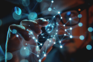 Scientist doctor hand touches virtual molecular structure in the lab.