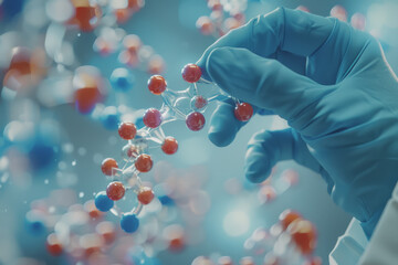 Scientist doctor hand touches virtual molecular structure in the lab.