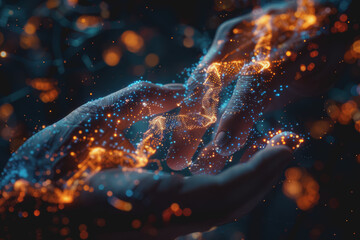 Scientist doctor hand touches virtual molecular structure in the lab.