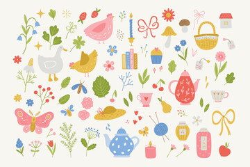 Cottage core collection - hen, goose, flowers, apple, pear, cherry, cup