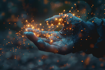 Scientist doctor hand touches virtual molecular structure in the lab.