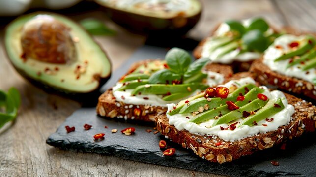 Delicious avocado toast with cream cheese on whole grain bread, garnished with chili flakes and fresh herbs. Perfect for a healthy breakfast or brunch. Close-up food photography. AI
