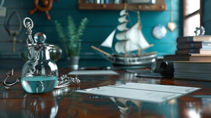 Maritime Mastery NauticalThemed Event Planner's Desk with Ship in a Bottle and Anchor Paperweight Blank Business Cards for Custom Branding and Personalization