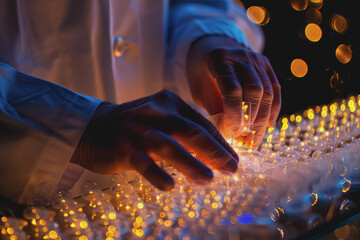 Scientist doctor hand touches virtual molecular structure in the lab.