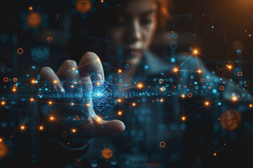 Scientist doctor hand touches virtual molecular structure in the lab.