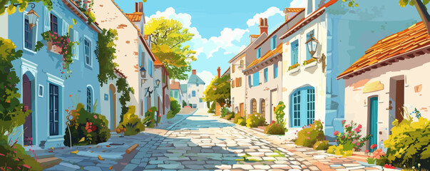 Fototapeta premium Quaint cobblestone street winding through a charming medieval village. Vector flat minimalistic isolated illustration