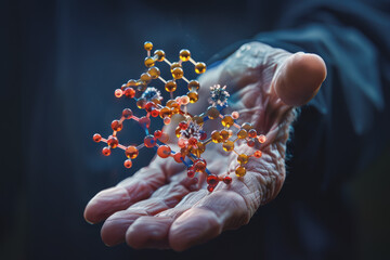 Scientist doctor hand touches virtual molecular structure in the lab.