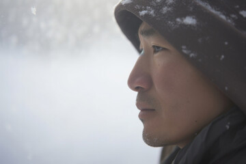 男, 男性, アジア人, 日本人, 横顔, 冬, 雪, 雪原, 男性の横顔, Japanese, male, Asian, profile, winter, snow, snowfield, man, profile
