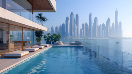 Naklejka premium Impressive spacious penthouse terrace with pool and views of Dubai. Skyscrapers of the United Arab Emirates