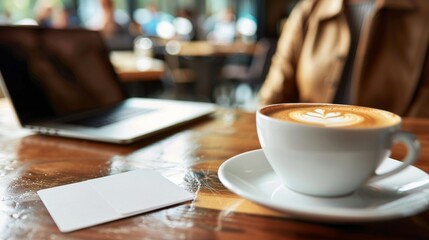 Empowering Connections Business Networking at a Cozy Cafe with Blank Business Cards Laptop and Latte Art Coffee Professional Workplace and Collaboration Concept