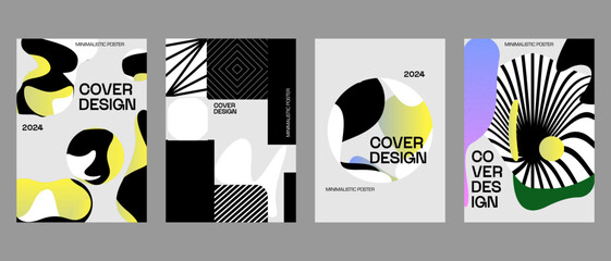 Posters with silhouette minimalistic basic figures, extraordinary graphic assets of geometrical shapes. Modern minimal print brutalist.