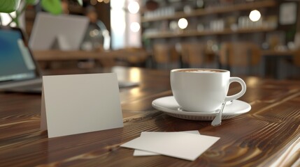 Fototapeta premium Empowering Connections Business Networking at a Cozy Cafe with Blank Business Cards Laptop and Latte Art Coffee Professional Workplace and Collaboration Concept