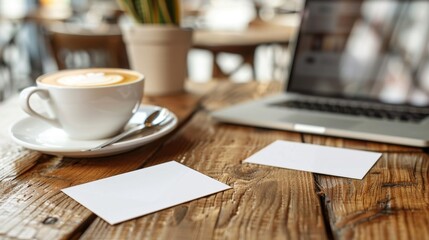 Empowering Connections Business Networking at a Cozy Cafe with Blank Business Cards Laptop and Latte Art Coffee Professional Workplace and Collaboration Concept
