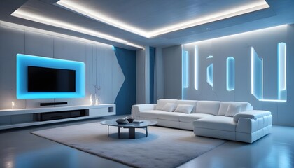 High end modern living room with white leather couch and a large flat screen tv mounted on the wall, brutalist architecture mixed with modern futuristic minimal design