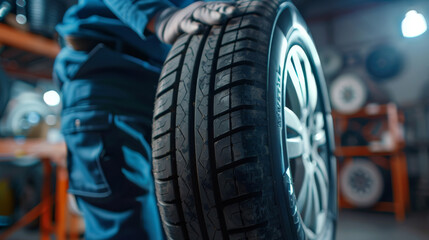 Fototapeta premium Close up hand of Car tire service and hands of mechanic holding new tire on dark background