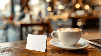 Empowering Connections Business Networking at a Cozy Cafe with Blank Business Cards Laptop and Latte Art Coffee Professional Workplace and Collaboration Concept