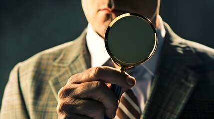 Man in plaid suit holding magnifying glass, symbolizing scrutiny and investigation
