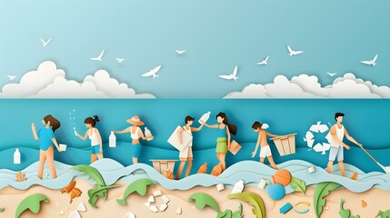 Group Participating in Eco Friendly Beach Cleanup in Papercut Style